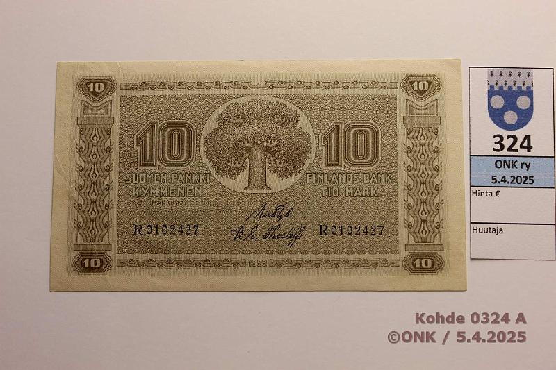 k-0324-a.jpg - Kohde 324 (kuva 1/2), lhthinta: 40 € / myyntihinta: 52 € 10 mk 1922 SNY 143.1 R0102427 RYT-The, harv ak-pari (v), kunto: 7