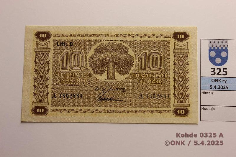 k-0325-a.jpg - Kohde 325 (kuva 1/2), lhthinta: 30 € / myyntihinta: 30 € 10 mk 1939 LD SNY 144.1.1 A1802884 JUT-Wah, kulmakuvio 1, vl 1, kunto: 7