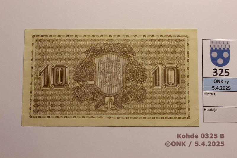 k-0325-b.jpg - Kohde 325 (kuva 2/2), lhthinta: 30 € / myyntihinta: 30 € 10 mk 1939 LD SNY 144.1.1 A1802884 JUT-Wah, kulmakuvio 1, vl 1, kunto: 7