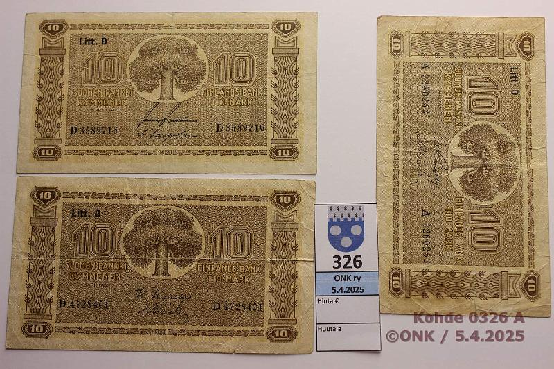 k-0326-a.jpg - Kohde 326 (kuva 1/2), lhthinta: 5 € / myyntihinta: 8 € 10 mk 1939 LD (3) SNY 144.2.2 A..RAN-Als, D..RAI-Car, D..KIV-Als (kk2, vl2), kunto: 3-4