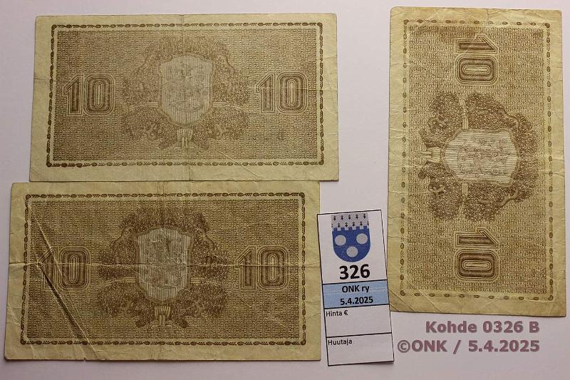 k-0326-b.jpg - Kohde 326 (kuva 2/2), lhthinta: 5 € / myyntihinta: 8 € 10 mk 1939 LD (3) SNY 144.2.2 A..RAN-Als, D..RAI-Car, D..KIV-Als (kk2, vl2), kunto: 3-4