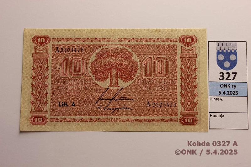 k-0327-a.jpg - Kohde 327 (kuva 1/2), lhthinta: 15 € / ei tarjouksia 10 mk 1945 LA SNY 145.1.1 A0303476 RAI-Car, painuma, kunto: 9
