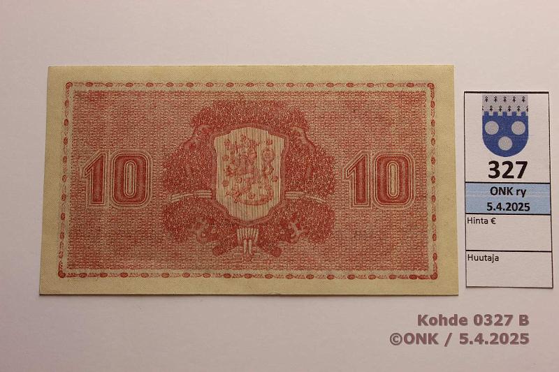 k-0327-b.jpg - Kohde 327 (kuva 2/2), lhthinta: 15 € / ei tarjouksia 10 mk 1945 LA SNY 145.1.1 A0303476 RAI-Car, painuma, kunto: 9