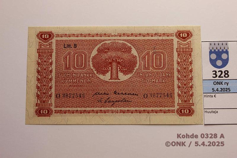 k-0328-a.jpg - Kohde 328 (kuva 1/2), lhthinta: 10 € / myyntihinta: 19 € 10 mk 1945 LB SNY 145.2.1 O3677545 KEK-Car, kunto: 9