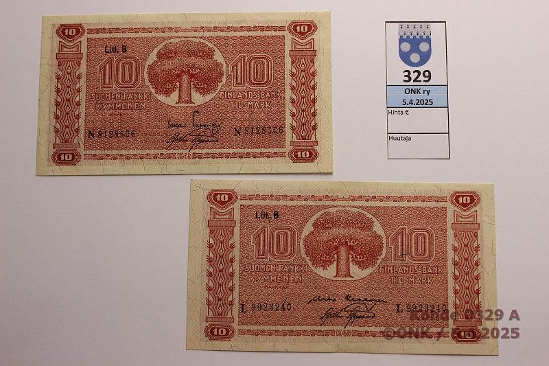 k-0329-a.jpg - Kohde 329, l�ht�hinta: 10 &euro; / myyntihinta: 19 &euro; 10 mk 1945 LB (2) SNY 145.2.1 L9923240 KEK-AAs, N8128506 TUO-AAs, kunto: 8, 7