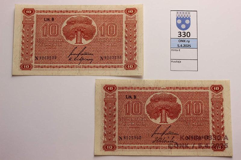 k-0330-a.jpg - Kohde 330, lhthinta: 10 € / myyntihinta: 10 € 10 mk 1945 LB (2) SNY 145.2.1 N8105950 RAI-Als, N8263233 RAI-Kil, kunto: 8, 9