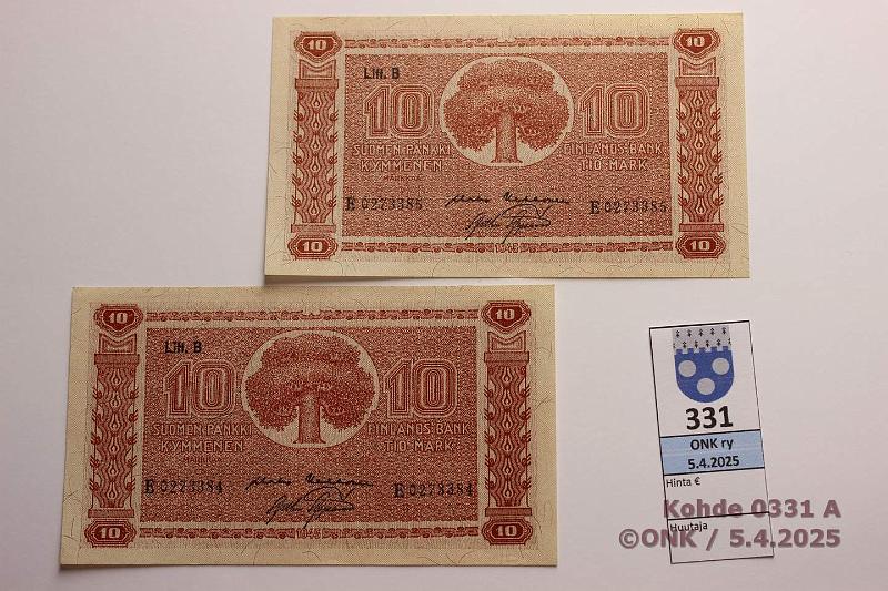 k-0331-a.jpg - Kohde 331, lhthinta: 12 € / myyntihinta: 17 € 10 mk 1945 LB (2) SNY 145.2.1 E0273384-85 KEK-AAs, perkkiset, kunto: 8