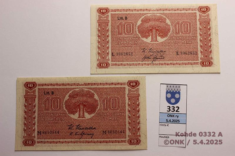 k-0332-a.jpg - Kohde 332, lhthinta: 12 € / myyntihinta: 19 € 10 mk 1945 LB (2) SNY 145.2.1 L9962852 KIV-AAs, M8650544 KIV-Kil, kunto: 9
