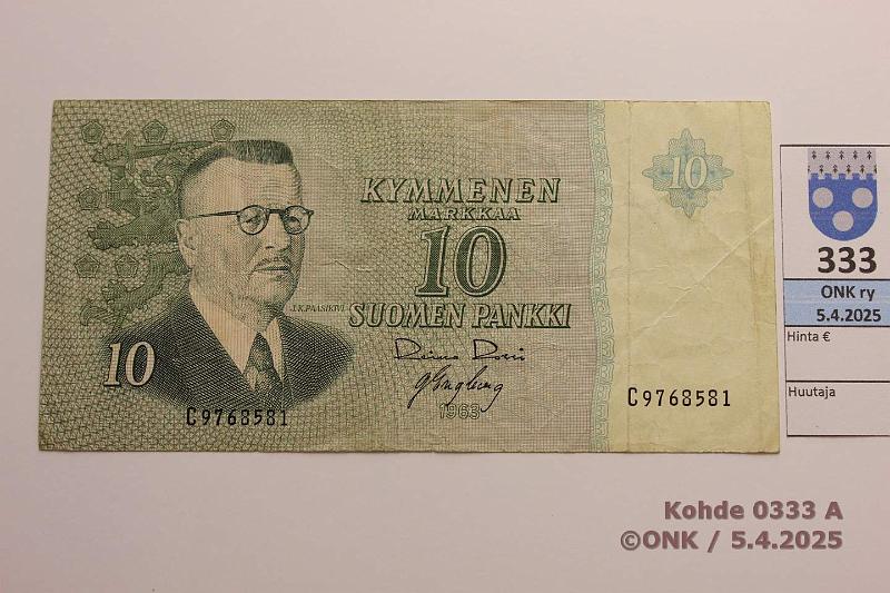 k-0333-a.jpg - Kohde 333 (kuva 1/2), lhthinta: 8 € / myyntihinta: 10 € 10 mk 1963 SNY 146.1.3 C9768581 RO I-Eng, vl 2, kunto: 4
