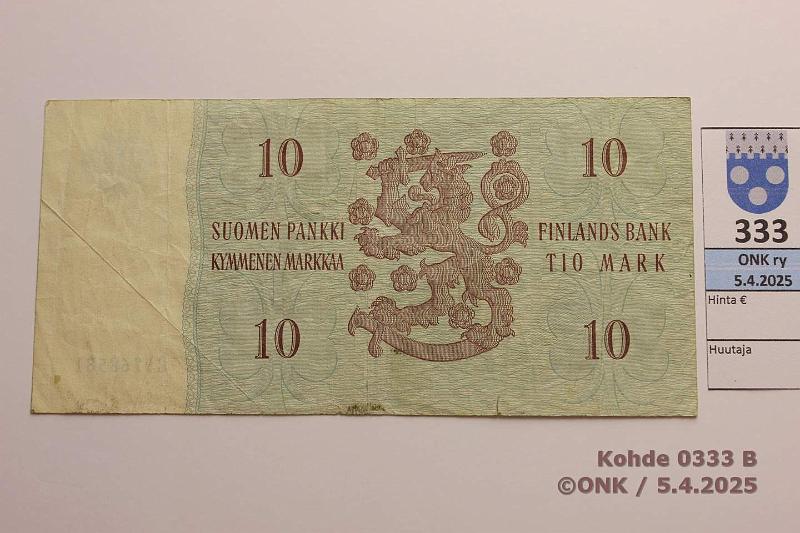 k-0333-b.jpg - Kohde 333 (kuva 2/2), lhthinta: 8 € / myyntihinta: 10 € 10 mk 1963 SNY 146.1.3 C9768581 RO I-Eng, vl 2, kunto: 4