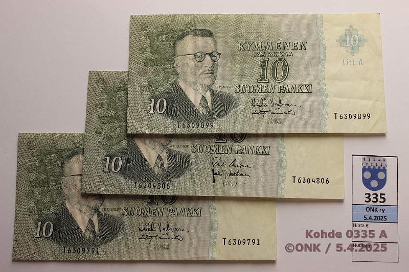 k-0335-a.jpg - Kohde 335 (kuva 1/2), lhthinta: 30 € / myyntihinta: 74 € 10 mk 1963 LA (3) SNY 146.3.3 T6304806 UUS-Vou, T6309791, T6309899 VAL-Tr. Kaikki vesileima 2, tunnetaan 124 kpl, kunto: 4