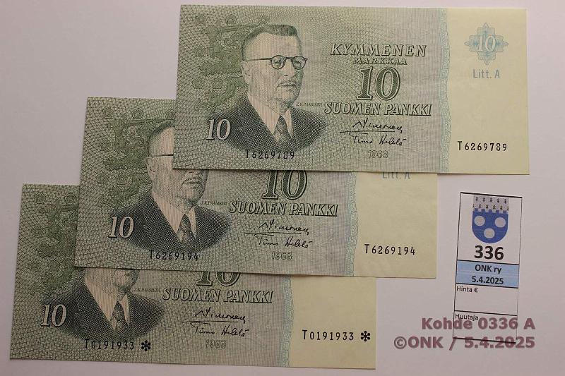 k-0336-a.jpg - Kohde 336, lhthinta: 160 € / ei tarjouksia 10 mk 1963 LA (3) SNY 146.3.1 T6269194 vl 1; 146.3.3 T6269789 vl 2; 146.4.3 T0191933* korvaava. Kaikki SIM-He. Ex-Tirkkonen, kunto: 6, 5, 7