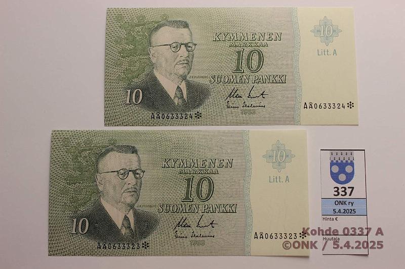 k-0337-a.jpg - Kohde 337, lhthinta: 15 € / myyntihinta: 22 € 10 mk 1963 LA A* (2) SNY 146.4.8  A 0633323-24 KO II-Hes, perkkiset korvaavat, kunto: 9