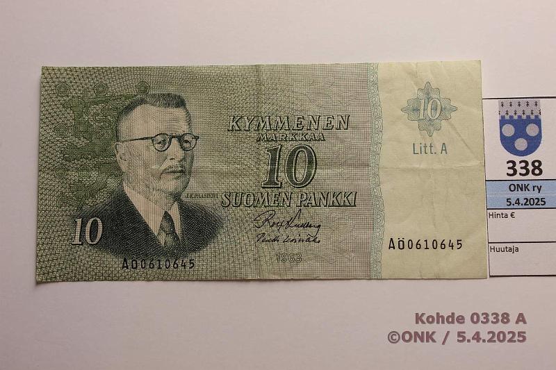 k-0338-a.jpg - Kohde 338, lhthinta: 50 € / myyntihinta: 50 € 10 mk 1963 LA A SNY 146.4.9 A0610645 KU I-Ko1, eprep, korvaava, kunto: 4