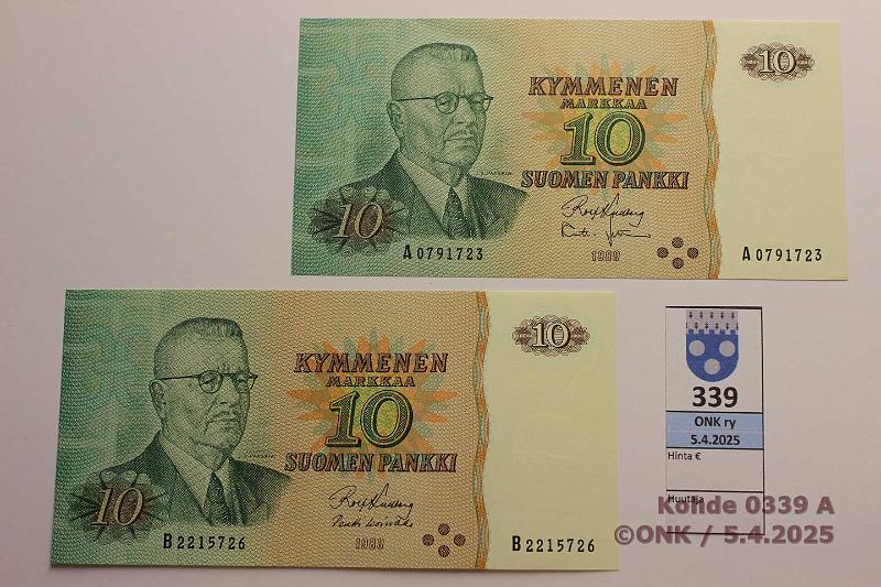 k-0339-a.jpg - Kohde 339, lhthinta: 6 € / myyntihinta: 8 € 10 mk 1980 (2) SNY 147.1.1 A0791723 KU I-Leh, B2215726 KU I-Ko1, kunto: 8