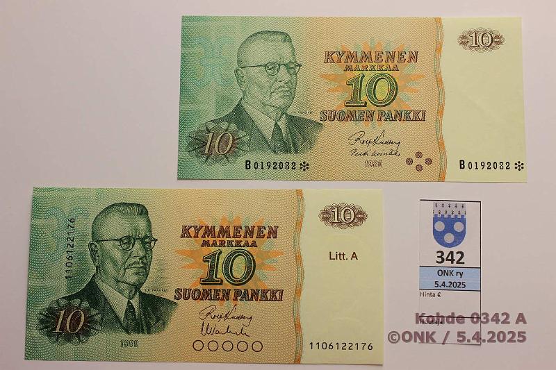 k-0342-a.jpg - Kohde 342, lhthinta: 10 € / myyntihinta: 10 € 10 mk 1980 B* + LA SNY 147.2.2 + 147.3 B0192082* KU I-Ko1, korvaava; 1106122176 KU I-Va1, kunto: 8