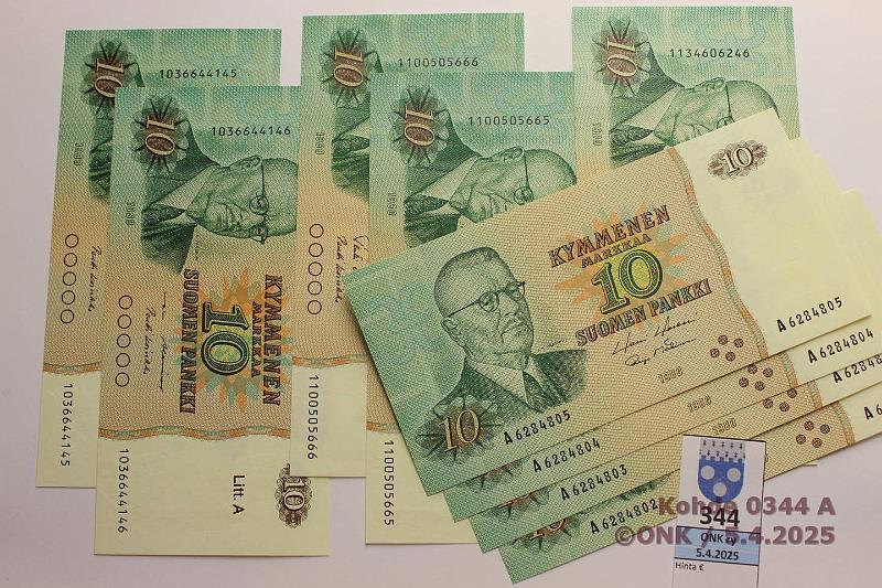 k-0344-a.jpg - Kohde 344, lhthinta: 25 € / myyntihinta: 33 € 10 mk 1980 ei-Litt + LA (4+5) SNY 147.1.1 + 147.3 A6284802-05 HOL-M1, 4 perkk; LA 1036..(2 per), 1100..(2 per) + 1134.., kunto: 9