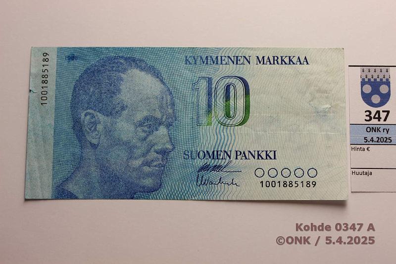 k-0347-a.jpg - Kohde 347 (kuva 1/2), lhthinta: 30 € / myyntihinta: 30 € 10 mk 1986 SNY 148.1 1001885189 OL I-Va1. Vriviallinen arvopuolelta, kunto: 4