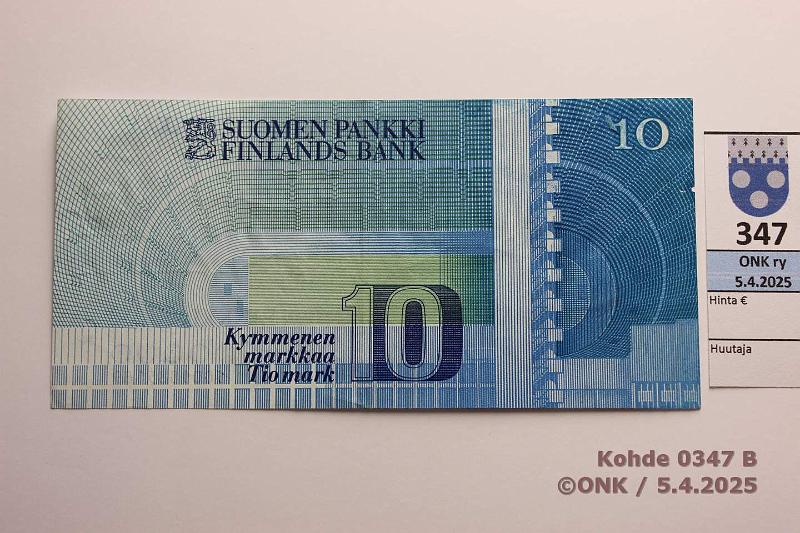 k-0347-b.jpg - Kohde 347 (kuva 2/2), lhthinta: 30 € / myyntihinta: 30 € 10 mk 1986 SNY 148.1 1001885189 OL I-Va1. Vriviallinen arvopuolelta, kunto: 4