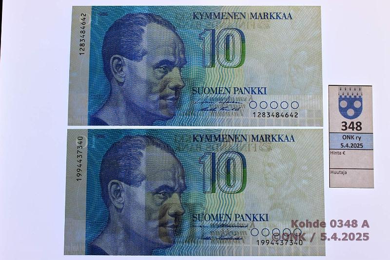 k-0348-a.jpg - Kohde 348 (kuva 1/2), lhthinta: 75 € / myyntihinta: 75 € 10 mk 1986 (2) SNY 148.1 + 148.2.4 1283484642 HOL-Pu1, Vesileiman siirtym: oikealla 2/3 nkyviss ja vasemmalla toisen setelin vesileiman osia. Verrokkina korvaava seteli 1994437340 AL I-H1, kunto: 9