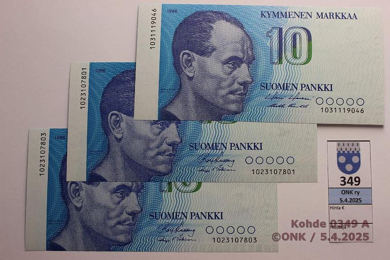 k-0349-a.jpg - Kohde 349, lhthinta: 6 € / myyntihinta: 6 € 10 mk 1986 (3) SNY 148.1 1023..KU I-M1(2), 1031..HOL-Pu1, kunto: 9