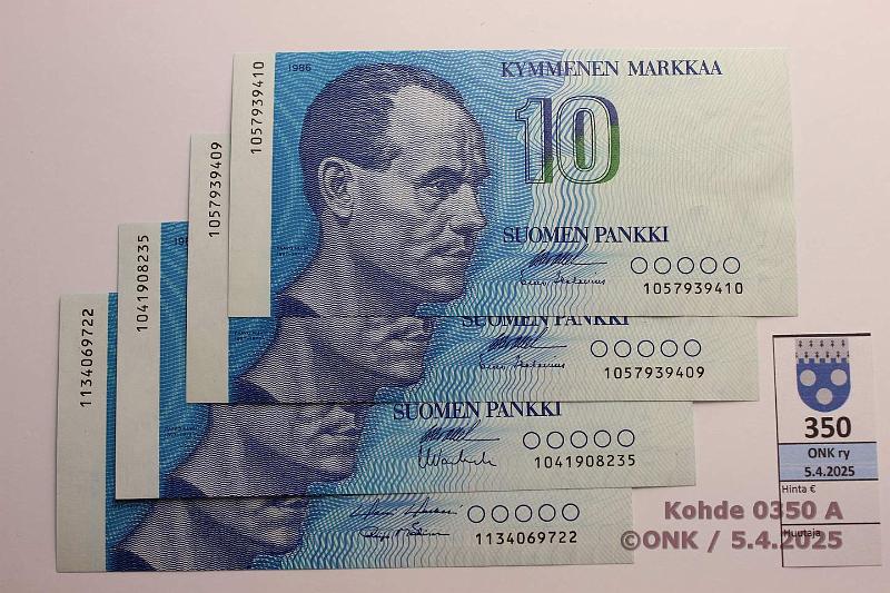 k-0350-a.jpg - Kohde 350 (kuva 1/2), lhthinta: 8 € / myyntihinta: 8 € 10 mk 1986 (4) SNY 148.1 1041..OL I-Va1(oikean alareunan kuvio nkyy heikosti UV-valossa), 1057..OL I-Hes(2 perkk.), 1134..HOL-M1, kunto: 9