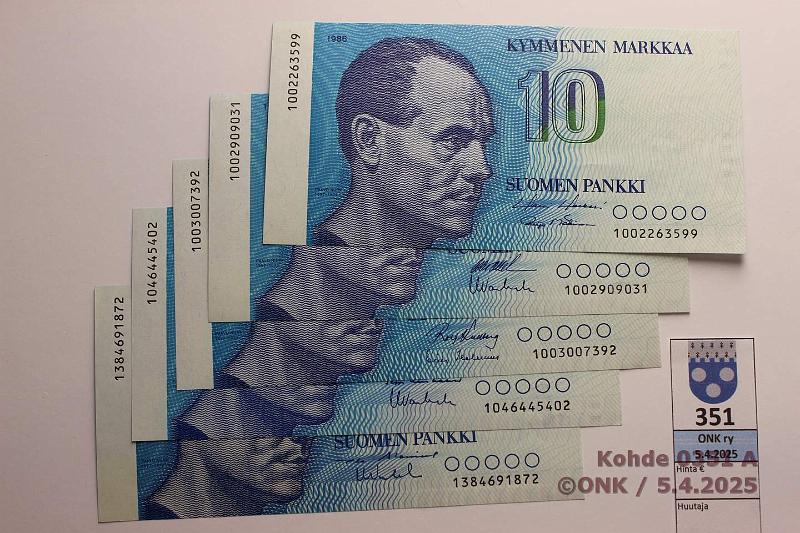 k-0351-a.jpg - Kohde 351, lhthinta: 5 € / myyntihinta: 14 € 10 mk 1986 (5) SNY 148.1 1002..HOL-M1, OL I-Va1; 1003..KU I-Hes; 1046..LIN-Va1; 1384..AL II-Va2, kunto: 8