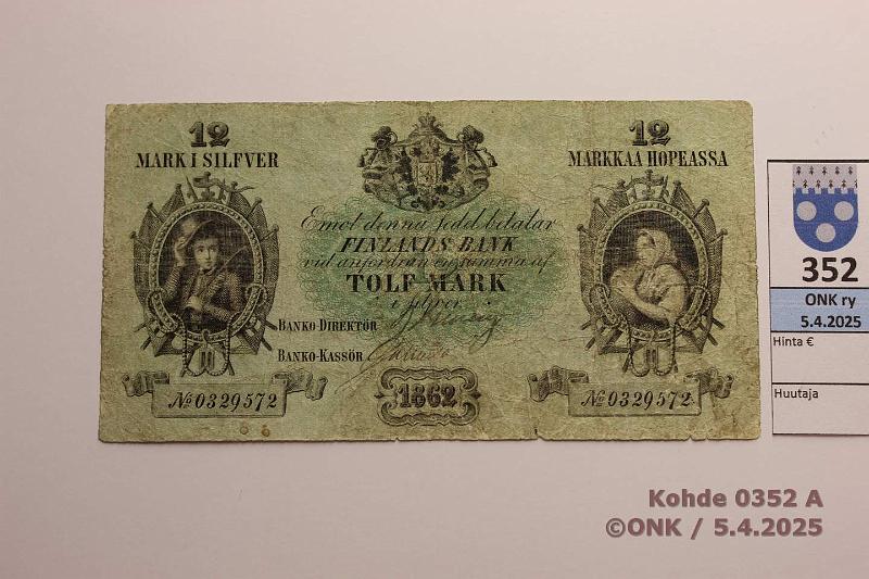 k-0352-a.jpg - Kohde 352 (kuva 1/2), lhthinta: 700 € / myyntihinta: 900 € 12 mk 1862 SNY 149.1 0329572 Elfving-Galindo, prep, preiki, harvinainen!, kunto: 3