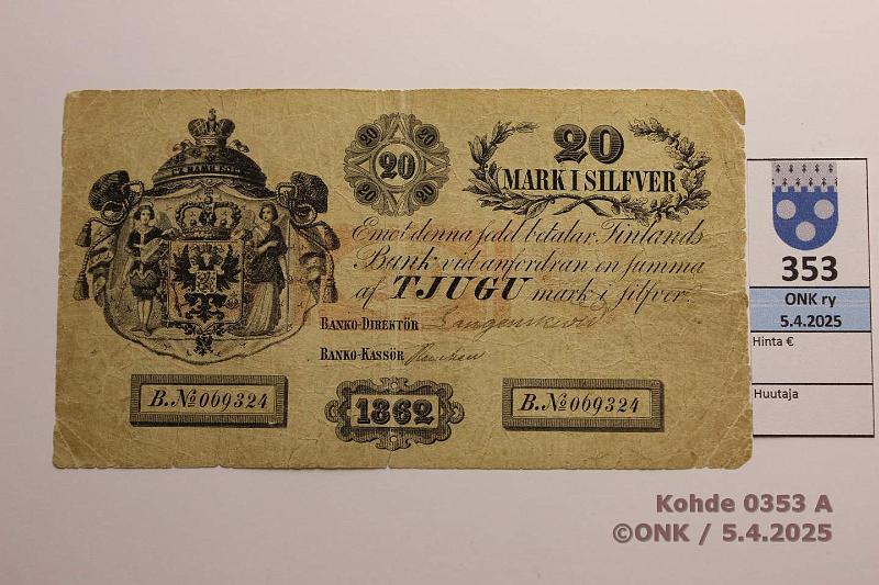 k-0353-a.jpg - Kohde 353 (kuva 1/2), lhthinta: 900 € / myyntihinta: 900 € 20 mk 1862 B SNY 150.2 069324 Langenskild-Rancken, prep, preiki, kunto: 2