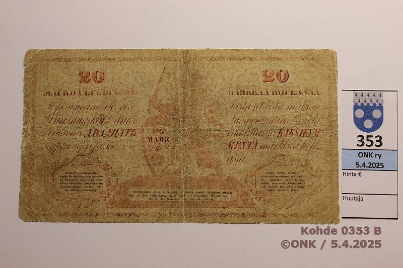 k-0353-b.jpg - Kohde 353 (kuva 2/2), lhthinta: 900 € / myyntihinta: 900 € 20 mk 1862 B SNY 150.2 069324 Langenskild-Rancken, prep, preiki, kunto: 2