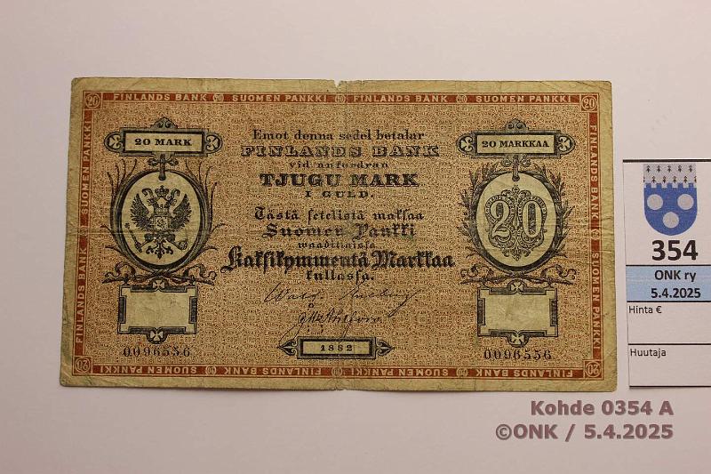 k-0354-a.jpg - Kohde 354 (kuva 1/2), lhthinta: 700 € / myyntihinta: 800 € 20 mk 1882 SNY 151 0096556 Enckling-Ahlfors, prep, preiki, kunto: 3
