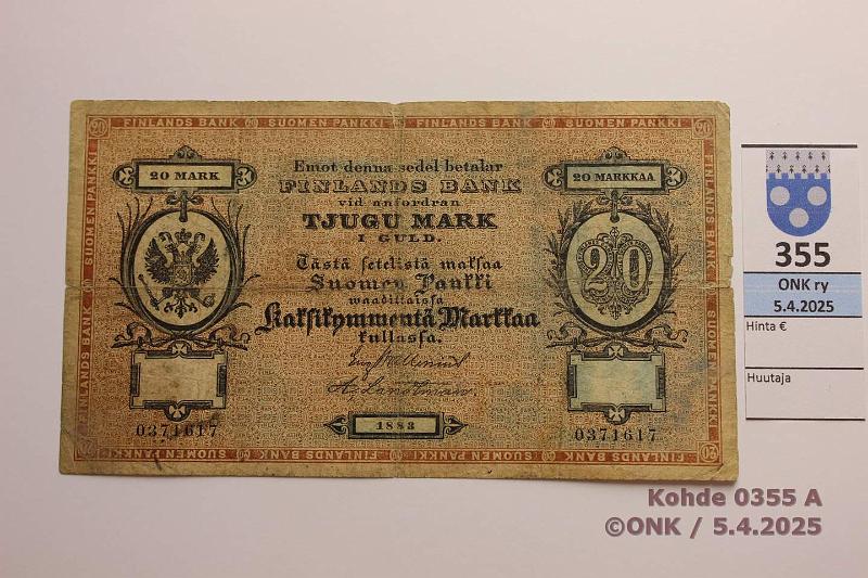 k-0355-a.jpg - Kohde 355 (kuva 1/2), lhthinta: 120 € / myyntihinta: 180 € 20 mk 1883 SNY 152.2 0371617 Wallenius-Landtman, rep, reiki, likaa, kunto: 3