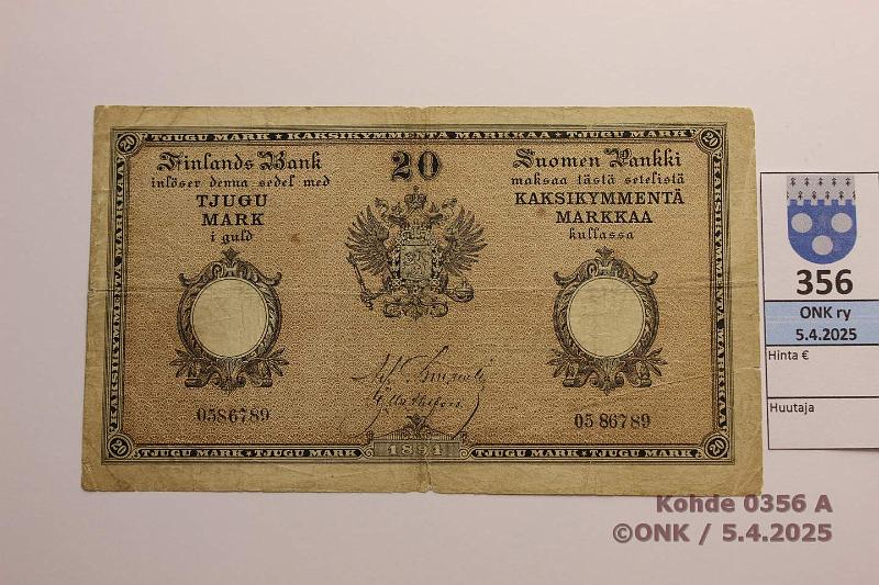 k-0356-a.jpg - Kohde 356 (kuva 1/2), lhthinta: 150 € / myyntihinta: 150 € 20 mk 1894 SNY 153 0586789 Charpentier-Ahlfors, prep, keskireik, likaa, kunto: 3
