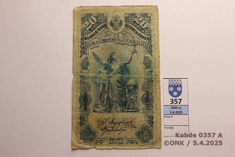 k-0357-a.jpg - Kohde 357 (kuva 1/2), lhthinta: 40 € / myyntihinta: 40 € 20 mk 1898 SNY 154.1 0432221 WEG-Jg, rep, reiki, huonot reunat, kunto: 2