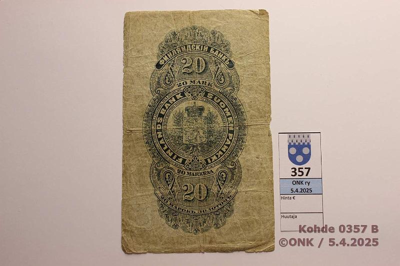 k-0357-b.jpg - Kohde 357 (kuva 2/2), lhthinta: 40 € / myyntihinta: 40 € 20 mk 1898 SNY 154.1 0432221 WEG-Jg, rep, reiki, huonot reunat, kunto: 2