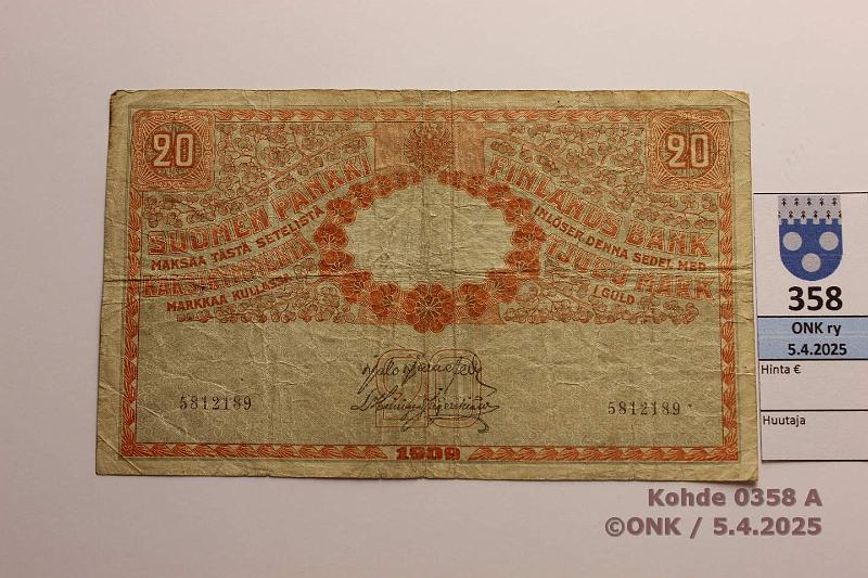 k-0358-a.jpg - Kohde 358 (kuva 1/2), lhthinta: 20 € / ei tarjouksia 20 mk 1909 SNY 156.2 5812189 JR-His, eprep, keskireik, kunto: 3