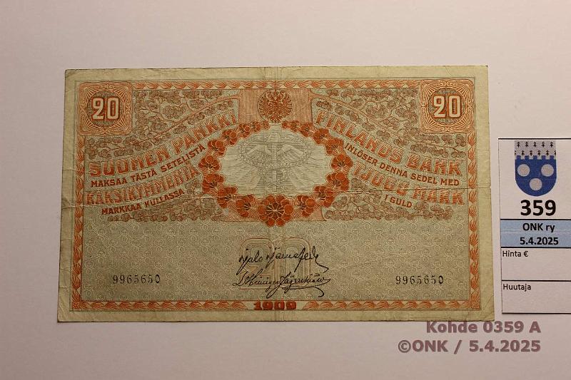 k-0359-a.jpg - Kohde 359 (kuva 1/2), lhthinta: 15 € / myyntihinta: 15 € 20 mk 1909 KV SNY 156.4.1 9965650 JR-His, eprep, kunto: 4