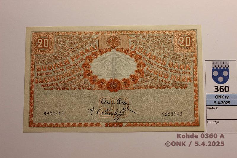 k-0360-a.jpg - Kohde 360 (kuva 1/2), lhthinta: 150 € / myyntihinta: 195 € 20 mk 1909 KV SNY 156.4.1 9923743 COL-The, harvinainen kunto!, kunto: 9