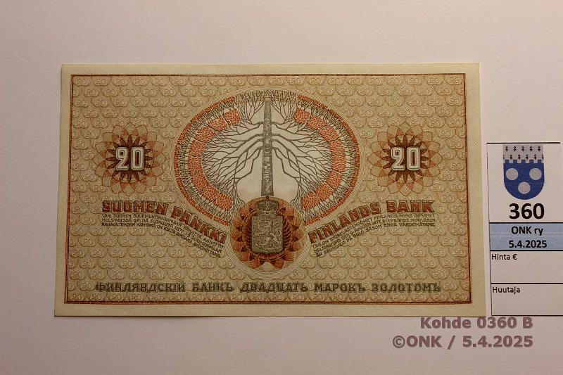 k-0360-b.jpg - Kohde 360 (kuva 2/2), lhthinta: 150 € / myyntihinta: 195 € 20 mk 1909 KV SNY 156.4.1 9923743 COL-The, harvinainen kunto!, kunto: 9