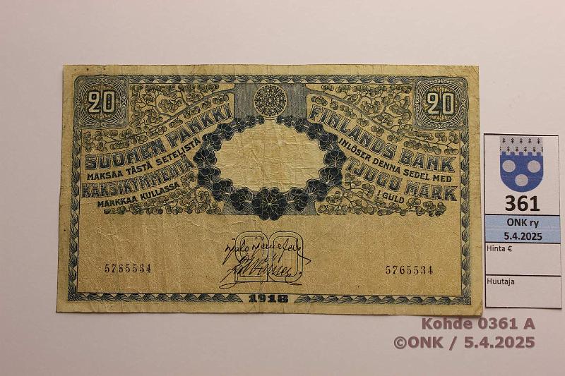 k-0361-a.jpg - Kohde 361 (kuva 1/2), lhthinta: 20 € / myyntihinta: 30 € 20 mk 1918 SNY 157 5765534 JR-Ml, likaa, kunto: 4