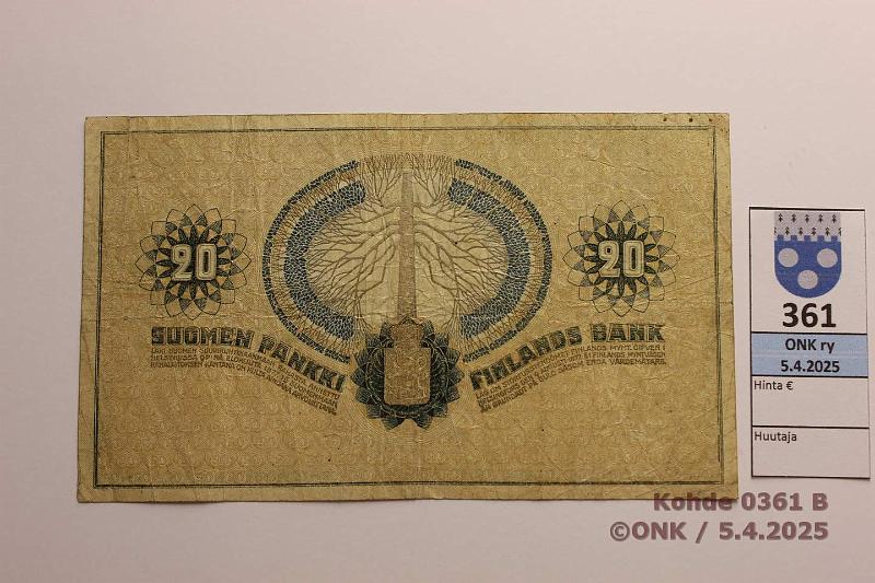 k-0361-b.jpg - Kohde 361 (kuva 2/2), lhthinta: 20 € / myyntihinta: 30 € 20 mk 1918 SNY 157 5765534 JR-Ml, likaa, kunto: 4