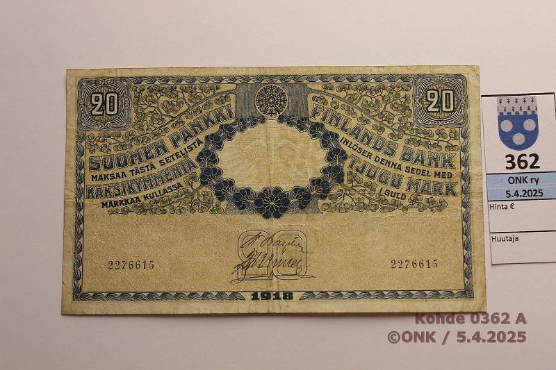 k-0362-a.jpg - Kohde 362 (kuva 1/2), lhthinta: 20 € / myyntihinta: 25 € 20 mk 1918 SNY 157 2276615 BA II-Ml, kunto: 4