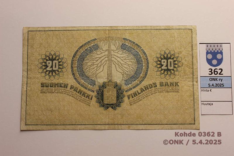 k-0362-b.jpg - Kohde 362 (kuva 2/2), lhthinta: 20 € / myyntihinta: 25 € 20 mk 1918 SNY 157 2276615 BA II-Ml, kunto: 4
