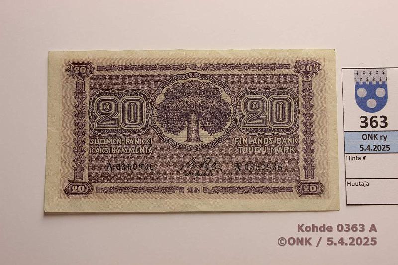 k-0363-a.jpg - Kohde 363 (kuva 1/2), lhthinta: 40 € / myyntihinta: 72 € 20 mk 1922 SNY 158.1 A0360936 RYT-OAs, ylreuna aaltomainen, kunto: 5
