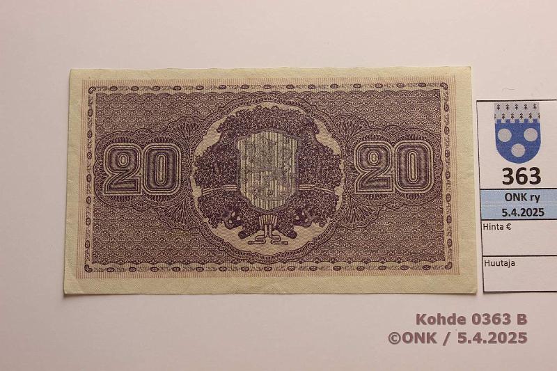 k-0363-b.jpg - Kohde 363 (kuva 2/2), lhthinta: 40 € / myyntihinta: 72 € 20 mk 1922 SNY 158.1 A0360936 RYT-OAs, ylreuna aaltomainen, kunto: 5