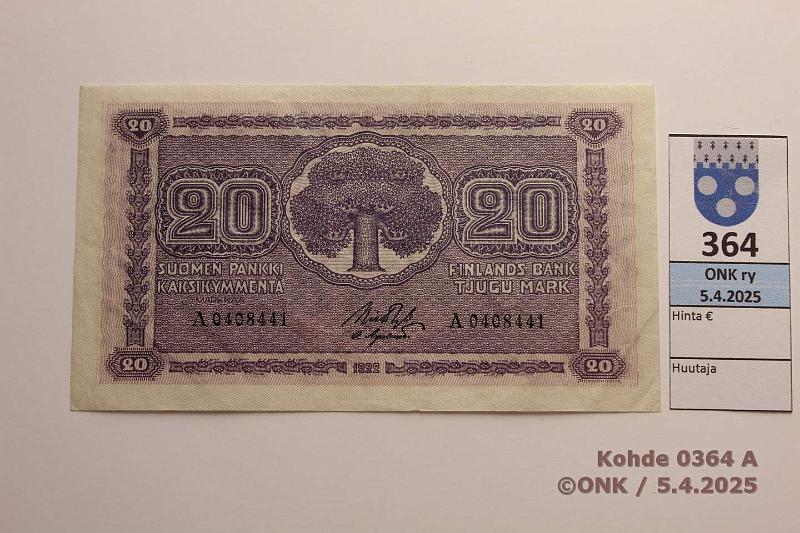 k-0364-a.jpg - Kohde 364 (kuva 1/2), lhthinta: 55 € / myyntihinta: 64 € 20 mk 1922 SNY 158.1 A0408441 RYT-OAs, kunto: 5