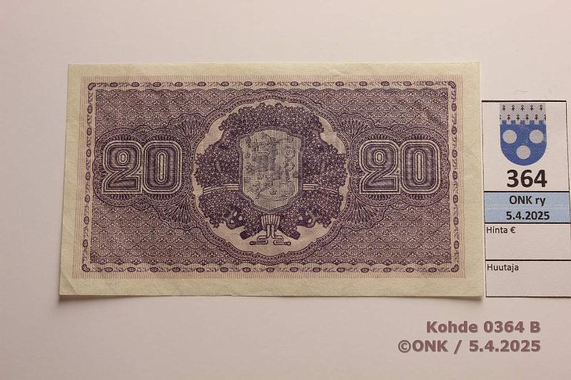 k-0364-b.jpg - Kohde 364 (kuva 2/2), lhthinta: 55 € / myyntihinta: 64 € 20 mk 1922 SNY 158.1 A0408441 RYT-OAs, kunto: 5