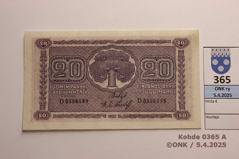 k-0365-a.jpg - Kohde 365 (kuva 1/2), lhthinta: 150 € / myyntihinta: 150 € 20 mk 1922 SNY 158.1 D0336539 RYT-The, hento tahra ylnurkassa, kunto: 9
