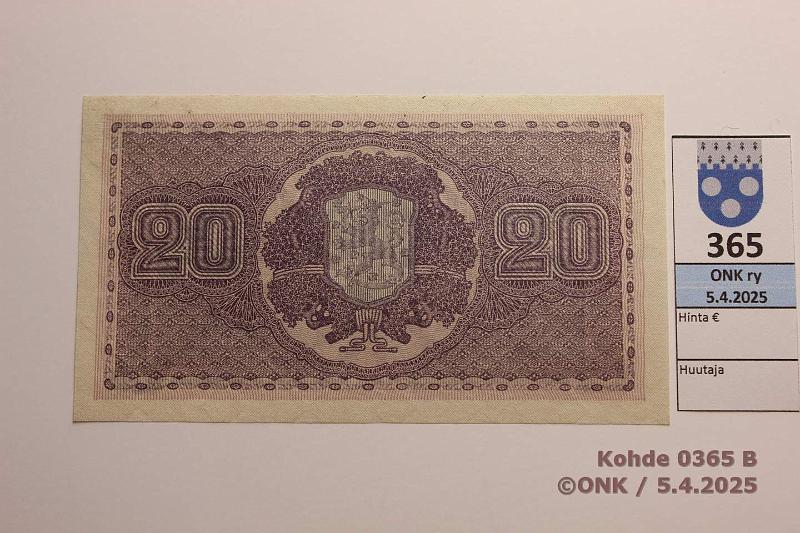 k-0365-b.jpg - Kohde 365 (kuva 2/2), lhthinta: 150 € / myyntihinta: 150 € 20 mk 1922 SNY 158.1 D0336539 RYT-The, hento tahra ylnurkassa, kunto: 9