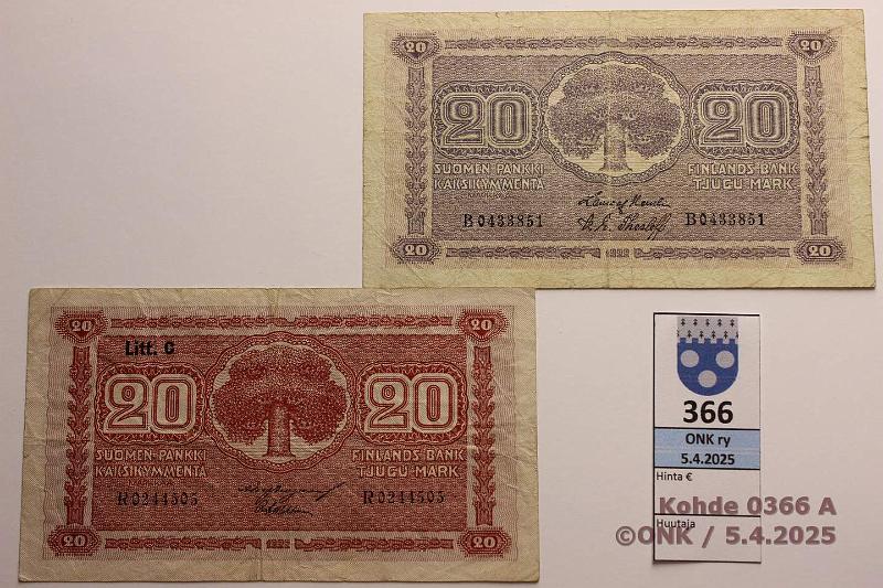 k-0366-a.jpg - Kohde 366 (kuva 1/2), lhthinta: 25 € / ei tarjouksia 20 mk 1922 ja LC SNY 158.1 + .4 B0433851 HEU-The; LC R0244505 BUR-Wah, kunto: 3, 4